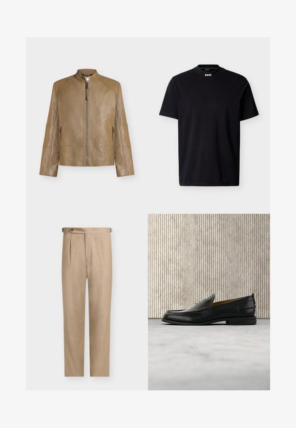 Veste en cuir beige avec col montant, fermeture éclair devant, fermeture à boutons-pression et poches latérales zippées, présentée sur fond uni.; T-shirt noir à manches courtes et col rond avec logo "BOSS" blanc sur le col, présenté sur un fond blanc.; Pantalon beige taille haute, ajusté, avec un pli côté gauche et des pattes de réglage boutonnées de chaque côté.; Mocassin pour homme en cuir noir avec un dessus embossé effet croco et un petit talon, présenté de profil sur un fond neutre.