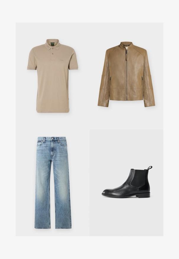 Veste en cuir beige avec col montant, fermeture éclair devant, fermeture à boutons-pression et poches latérales zippées, présentée sur fond uni.; Polo beige à manches courtes avec deux boutons et un petit logo embossé sur la poitrine gauche.; Jean droit en denim bleu clair avec taille haute, cinq poches, fermeture à boutons et léger délavage sur les cuisses et les genoux.; Bottine en cuir noir avec des panneaux latéraux élastiques, bout rond et tirette. Texture lisse, semelle plate, design minimaliste.