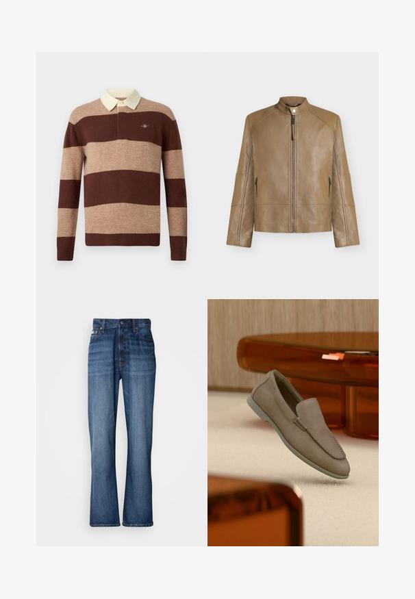 Chaqueta de cuero marrón claro con cuello alzado, cremallera frontal, cierre de botones a presión y bolsillos laterales con cremallera, mostrando sobre fondo liso.; Camisa de rugby de manga larga con amplias rayas horizontales en marrón y beige y un cuello color crema, con un pequeño logo bordado en el pecho.; Jeans de mezclilla azul con cintura alta, piernas acampanadas, diseño de cinco bolsillos y costuras tonales. Cuenta con cierre de botón y bolsillos remachados.; Mocasín beige de ante sin cordones con costuras visibles y suela clara, posicionado sobre una alfombra color crema, con un mueble translúcido naranja en el fondo.