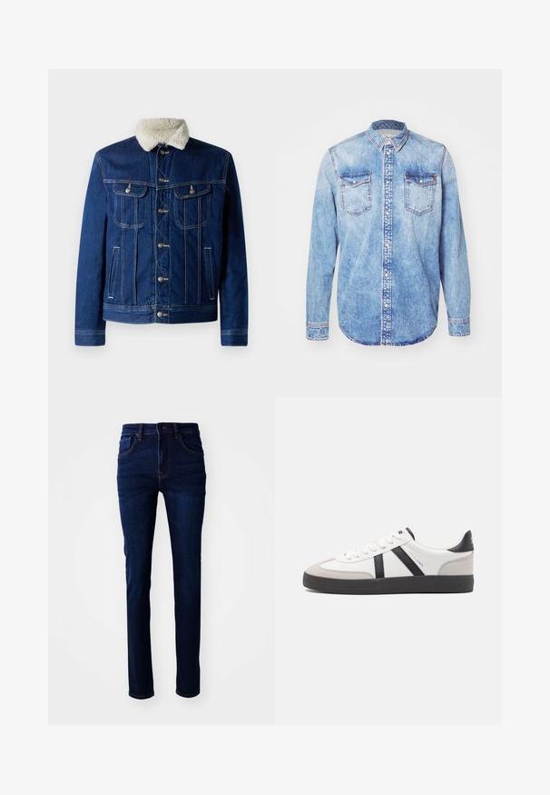 Mørkeblå denimjakke med blødt faux shearling-krave, to brystlommer og hardware i sølvfarve. Klassisk lukning med knapper forfra.; Lysblå denimskjorte med lange ærmer, knap-ned krave, to brystlommer og kontrastsyetning. Rundet kant og klassisk pasform.; Mørkeblå denimjeans med lige pasform, fem-lomme design og diskret syning. Stoffet har en glat tekstur.; Hvide sneakers med sorte og grå detaljer, med en tekstureret grå tåhætte, sort gummisål og flade hvide snørebånd. Rent design, minimalistisk stil.