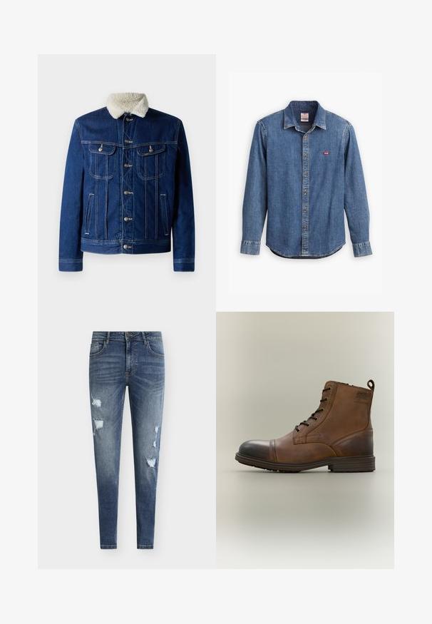 Chaqueta de mezclilla en azul oscuro con un suave cuello de peluche sintético, dos bolsillos en el pecho y herrajes en tono plateado. Diseño clásico con cierre de botones en la parte delantera.; Camisa de mezclilla en azul oscuro con cuello abotonado, mangas largas, detalles cosidos y un pequeño logo rojo en el área del bolsillo del pecho.; Vaqueros de mezclilla azul de corte ajustado con detalles desgastados, múltiples rasgaduras y un lavado desvanecido. Cuenta con un diseño de cinco bolsillos y trabillas para cinturón.; Bota de cuero marrón con cordones hasta el tobillo, puntera negra, suela redonda y detalle de marca en el lateral sobre un fondo liso.