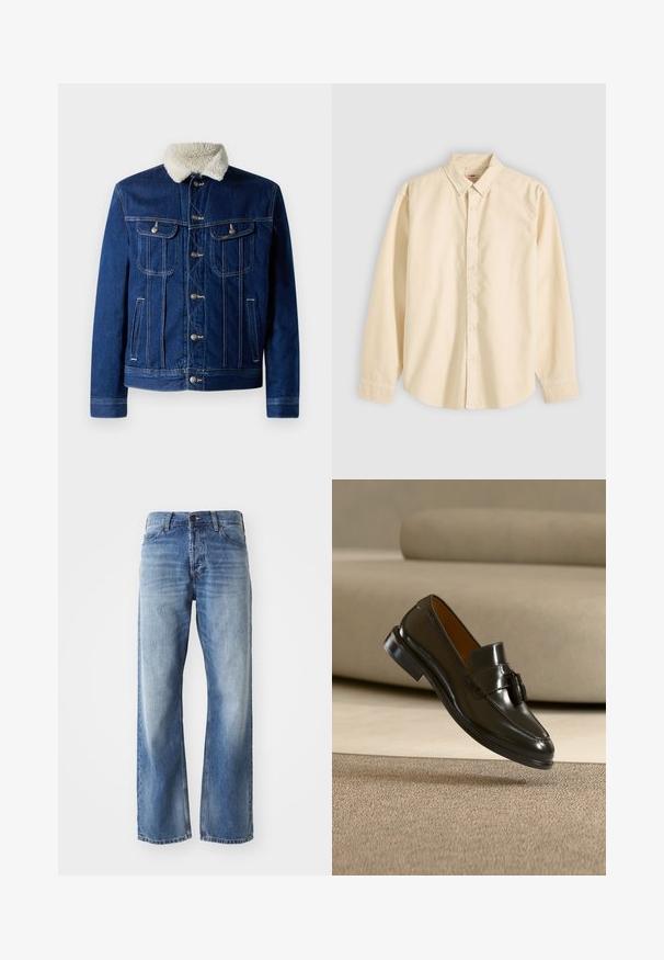 Jeansjacke in Dunkelblau mit einem weichen, kunstpelzbesetzten Kragen, zwei Brusttaschen und Hardware in Silberfarbe. Klassisches Design mit Knopfverschluss vorne.; Langärmliges, beige Hemd mit Knöpfen und Kragen, flach liegend dargestellt, mit geschlossenen Knöpfen und Manschetten auf hellem Hintergrund.; Blaue Jeans mit geradem Bein aus Denim, mit leichtem Verblassen an den Oberschenkeln und Knien, ausgestattet mit fünf Taschen und einem Knopfverschluss.; Schwarzer Ledertasselloafer, der über einem beigen Teppich schwebt, im Hintergrund ein beiges Sofa.