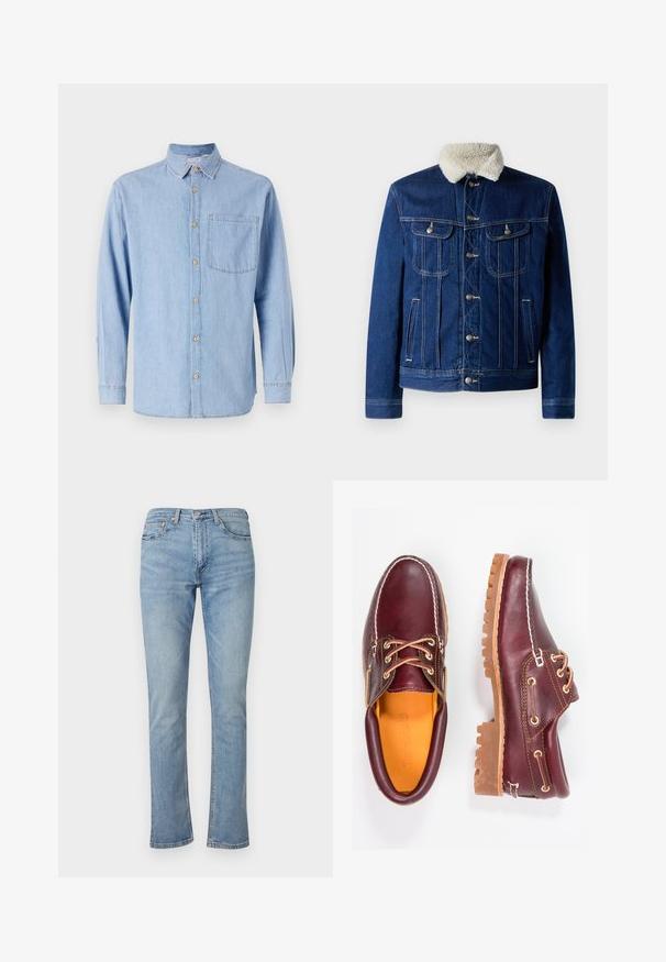 Tumehall denim jope pehmea valejõhvikakaelusega, kohas kahe rinna-taskuga ja hõbedase viimistlusega. Klassikaline nööpide ees disain.; Hele sinine teksane särk, millel on nööpidega krae, pikad varrukad ja üks rinnaTasku. Omab pruune nööpe ja kontrastset õmblemist.; Hele-sinised sirgelõikelised teksapüksid, millel on viis taskut ja nööbiga sulgemine ühevärvilisel taustal.; Burgundia nahkkingad pruunide kummitaldadega, ümmarguse varbaga, valge tikandi ja kuldsete silmadega. Siseosa on kollase voodriga.
