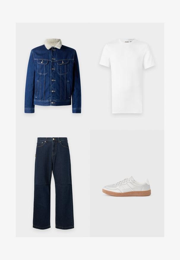Jeansjacke in Dunkelblau mit einem weichen, kunstpelzbesetzten Kragen, zwei Brusttaschen und Hardware in Silberfarbe. Klassisches Design mit Knopfverschluss vorne.; Ein schlichtes weißes T-Shirt mit kurzen Ärmeln und Rundhalsausschnitt, mit einem kleinen Markenetikett im Krageninneren, auf weißem Hintergrund dargestellt.; Dunkelblaue Denim-Jeans mit geraden Beinen, die ein klassisches Fünf-Taschen-Design, kontrastierende Nähte und ein kleines farbiges Etikett an der Seite aufweisen.; Silberne Sneakers mit glatter Textur, Schnürdesign, durchbrochenen Akzenten und einer strukturierten braunen Gummisohle.