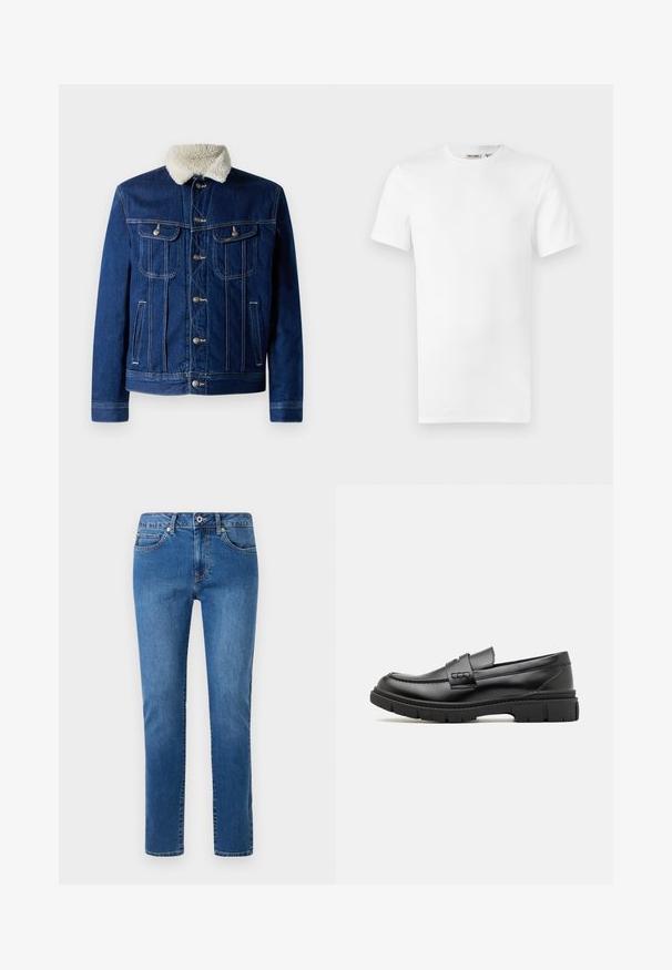 Tumehall denim jope pehmea valejõhvikakaelusega, kohas kahe rinna-taskuga ja hõbedase viimistlusega. Klassikaline nööpide ees disain.; Valge lühikeste varrukatega T-särk ümarakaelusega, mis sisaldab krae sees väikest brändi sildi, valgel taustal.; Sinine denimist teksapüksid sirge jala kujundusega, viie taskuga ja nööbitava vöökohaga. Includes stitching detail along seams.; Musthave nahkast suss, millel on lai rihm üle vöö, kummitald paksude mustritega ning sile tekstuur. Klassikaline, elegantne disain.