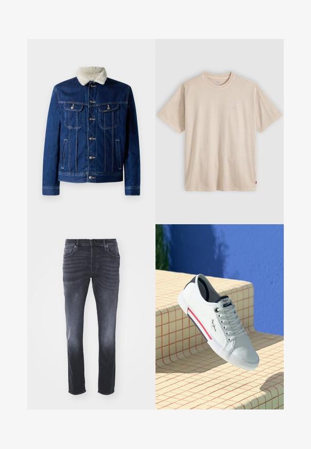 Tumehall denim jope pehmea valejõhvikakaelusega, kohas kahe rinna-taskuga ja hõbedase viimistlusega. Klassikaline nööpide ees disain.; Beež lühikeste varrukatega ümar kaelusega T-särk, mille rinnal on peene Levi’si logo ja küljes väike punane silt.; Tumedad hallid denimid, klassikalise sirge jala disainiga, esikottide, lukuga ja nööbiga sulgemise ning mõõduka pleekimisega.; Valge kangast toss, ümmarguse toe ja sinise kanna detailiga, punase triibuga tallal; detailne puuvillane õmblemine ja brändi logo külgedel.