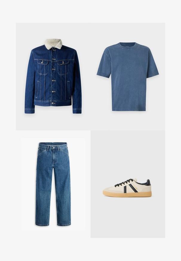 Mørkeblå denimjakke med blødt faux shearling-krave, to brystlommer og hardware i sølvfarve. Klassisk lukning med knapper forfra.; Enkelt blå T-shirt med korte ærmer og rund hals med afslappet pasform og synlige syninger på ærmer og kant mod en hvid baggrund.; Blå denim jeans med lige ben, forlommer, bæltestropper, metal knap og lynlås foran på hvid baggrund.; Casual sneakers i creme med sorte striber, med en tekstureret overdel og sål i gummigummi. Snørebåndene er sorte. Diskret logo på siden.