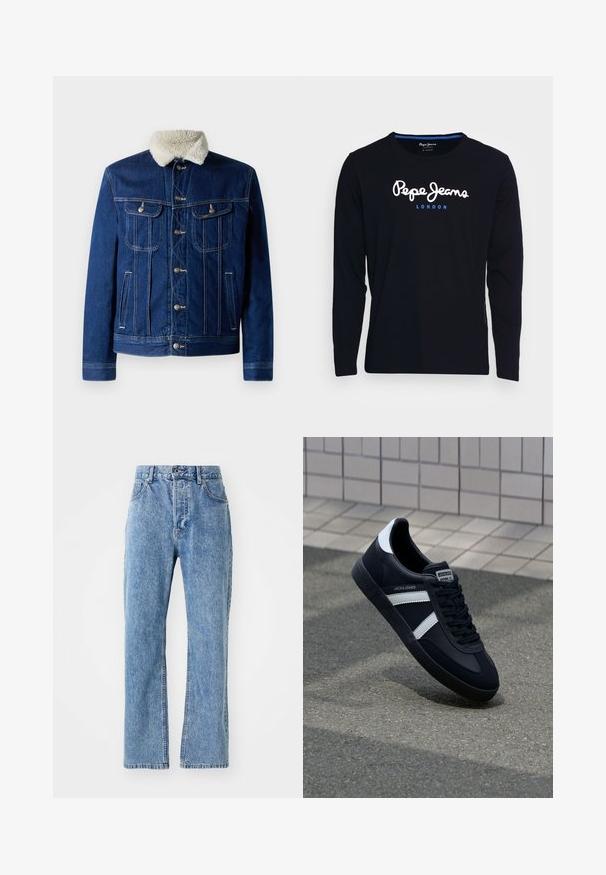 Jeansjacke in Dunkelblau mit einem weichen, kunstpelzbesetzten Kragen, zwei Brusttaschen und Hardware in Silberfarbe. Klassisches Design mit Knopfverschluss vorne.; Schwarzes Langarm-T-Shirt aus Baumwollstoff, mit dem weißen und blauen Logo-Text "Pepe Jeans London" centriert auf der Brust.; Hellblaue Denim-Jeans mit hoher Taille, weitem Bein-Design, klassischem Fünf-Taschen-Stil und dezentem Verblassen des Materials.; Schwarze Leder-Sneaker mit weißen Streifen, strukturiertem Gummisohle und Schnürung. Verfügt über ein Markenetikett auf der Zunge.