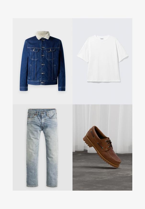 Jeansjacke in Dunkelblau mit einem weichen, kunstpelzbesetzten Kragen, zwei Brusttaschen und Hardware in Silberfarbe. Klassisches Design mit Knopfverschluss vorne.; Weißes oversized T-Shirt mit kurzen Ärmeln und Rundhalsausschnitt mit eingesetzten Schultern, flach auf hellgrauem Hintergrund.; Hellblaue gerade geschnittene Jeans mit Knopfverschluss, Fronttaschen und Gürtelschlaufen, flach auf weißem Hintergrund präsentiert.; Brauner Leder-Bootsschuh mit schwarzen Schnürsenkeln, beigen Nähten und einer robusten Sohle, schwebt über einem grauen Betonboden.