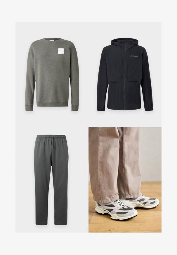 Schwarze Kapuzenjacke mit Frontreißverschluss, zwei großen Brusttaschen, elastischen Bündchen und Columbia-Logo auf der linken Brust.; Olivgrüner Sweatshirt aus weichem Stoff, mit Rundhalsausschnitt, langen Ärmeln und einem rechteckigen weißen Logo-Patch auf der Vorderseite.; Dunkelgraue Fleece-Sweathosen mit elastischem Bund und Kordelzug, mit kleinem Logo am rechten Oberschenkel.; Person, der beiger weit geschnittener Hose und grau-weißen Sneakern steht auf einem Holzboden.
