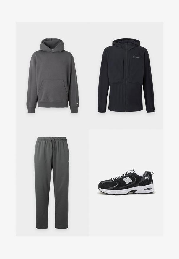 Must kapuutsiga jakk esiluku, kahe suure rindatasku, elastsete varrukaservade ja vasakul rinnal Columbia logoga.; Halluxhalliga hall pullover-kapuutsiga, millel on ees kangaroosoe tasku, soonilised varrukad ja reguleeritav kapuuts. Rinnal on diskreetne logo detail.; Tumedat halli fliisist dressipüksid elastse vöökohaga ja paelaga, millel on väikene logo paremal reiel.; Must värvi ja hallid spordijalatsid, mille ülemine osa on valmistatud võrgust ja nahast, valge vaheosaga, paeltega ja küljel julge "N" logo.