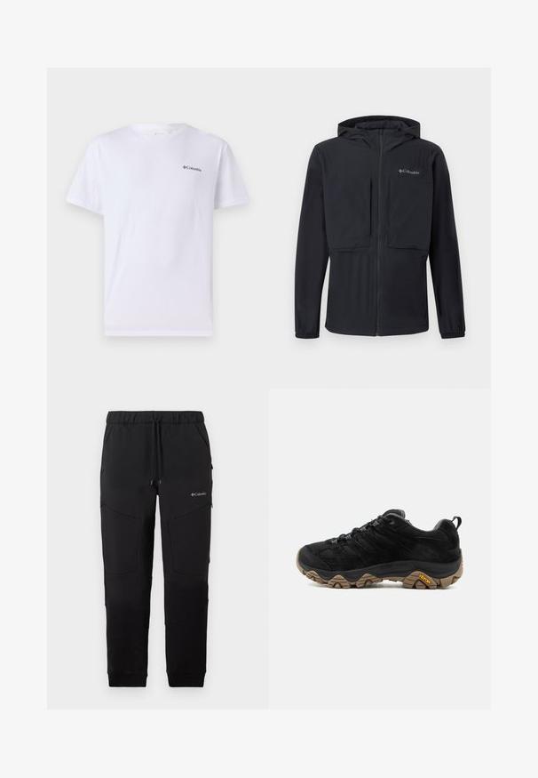 Schwarze Kapuzenjacke mit Frontreißverschluss, zwei großen Brusttaschen, elastischen Bündchen und Columbia-Logo auf der linken Brust.; Weißes Baumwoll-T-Shirt mit kurzen Ärmeln, versehen mit einem kleinen schwarzen Columbia-Logo auf der linken Brustseite. Klassischer Rundhalsausschnitt.; Schwarze Jogginghose der Marke Columbia mit Tunnelzug am Bund, seitlichen Reißverschlusstaschen und Kniepaneel-Details, dargestellt vor einem weißen Hintergrund.; Schwarzer Wanderschuh mit robuster brauner Vibram-Sohle, Mesh- und Wildleder-Obermaterial, Schnürdesign und hinterer Zuglasche, von der Außenseite gezeigt.