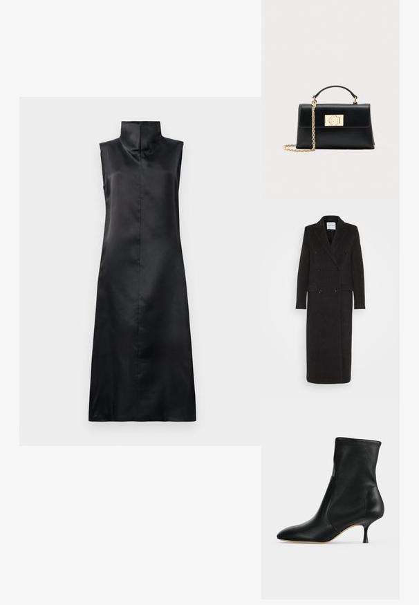 Samsøe Samsøe COAT - Mantel - phantom; Zwarte satijnen mouwloze jurk met een hoge kraag, een gladde textuur en een rechte, enkellange silhouet. Minimalistisch ontwerp zonder versieringen.; Zwarte leren enkellaars met spitse neus en smalle hak van middelhoge hoogte, zijaanzicht op een lichte achtergrond.; Zwarte leren handtas met een gestructureerde vorm, voorzien van een bovenhandgreep en een kettingriem met goudkleurige schakels. Decoratieve gouden hardware met logodetail.