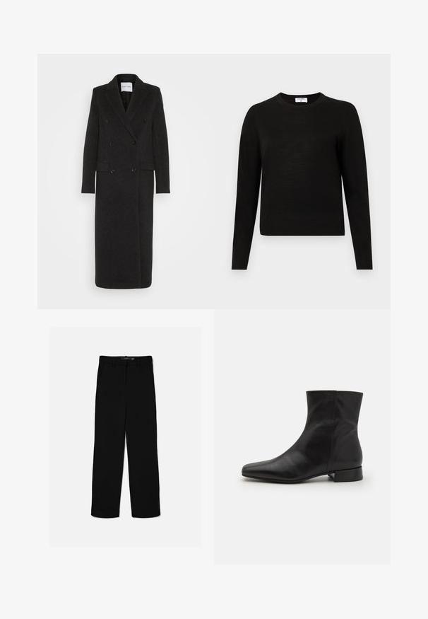 Samsøe Samsøe COAT - Mantel - phantom; Zwarte lange mouwen trui met een ronde halslijn, gemaakt van zachte gebreide stof, met een geribde zoom en manchetten voor een aansluitende look.; Zwarte broek met rechte pijpen, riemlussen, ritssluiting aan de voorkant en zijzakken, plat gelegd tegen een lichte achtergrond.; Zwarte leren enkelboot met een spitse neus, gladde textuur, minimalistisch ontwerp en een lage blokhak. Zijrits gaat tot de enkel.