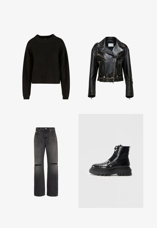 Chaqueta de moto corta de piel negra con costuras en contraste, bolsillos con cremallera y cintura con cinturón. Presenta solapas anchas y acentos de hardware en plata.; Suéter negro de punto con textura acanalada, cuello redondo y mangas largas. Diseño corto con un ajuste holgado. Sin patrones visibles ni elementos metálicos.; Vaqueros negros de pierna recta con cortes horizontales desgastados en ambas rodillas y diseño clásico de cinco bolsillos.; Botín de cuero negro hasta el tobillo con acabado texturizado, que presenta un diseño de cordones, acentos de metal y una suela de goma gruesa con un dibujo pronunciado.