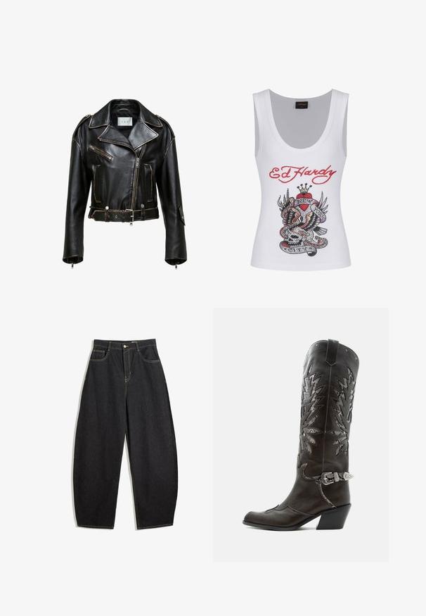 Sort læder motorcykeljakke med cropped design, kontrasterende syninger, lynlåslommer og bælte i taljen. Har brede klapper og sølvfarvede hardware detaljer.; Hvid tanktop med et iøjnefaldende farverigt rhinestone-design med teksten "Ed Hardy" i rødt over et tatoveringsstil grafik af en slange og et kranium.; Sorte denim bukser med vid ben og høj talje, prydet med gule syninger, to forlommer og en enkelt knaplukning.; Sort læder cowboystøvle med dekorative udskæringer, sølvspænde og skrå hæl, vist på hvid baggrund.