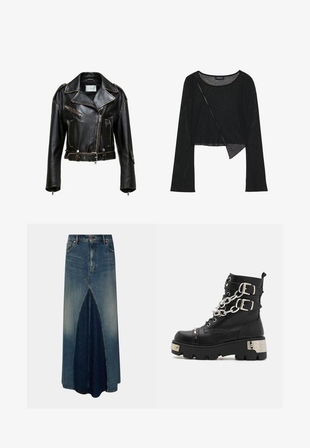 Zwarte leren cropped motorjack met contrasterende stiksels, ritszakken en een ceintuurlijn. Heeft brede revers en zilveren hardware accenten.; Zwarte langemouwen crop top van een lichtgewicht, doorzichtig materiaal. Heeft een ronde halslijn en een asymmetrische zoom met een subtiele textuur.; Blauwe denim maxi-rok met een voor-invertpleat, riemlussen, knoop- en ritssluiting, en vervaagde wasdetails.; Koi Footwear SHACKLED SHADOWS HEAVY DUTY CHAIN - Cowboy-/Bikerlaarsjes - black