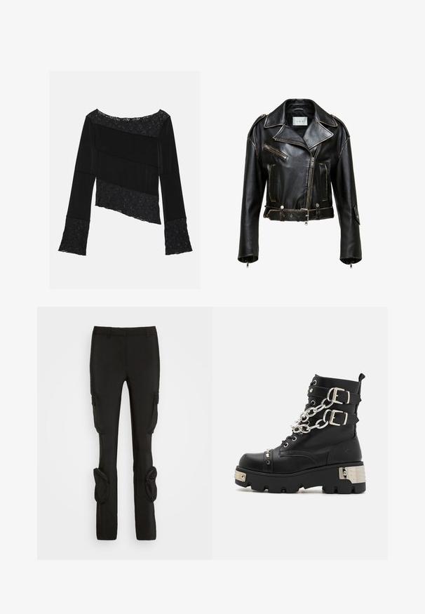 Chaqueta de moto corta de piel negra con costuras en contraste, bolsillos con cremallera y cintura con cinturón. Presenta solapas anchas y acentos de hardware en plata.; Top negro de manga larga que presenta una combinación de tela suave y acentos de encaje texturizado, con un corte asimétrico y mangas acampanadas.; Weekday ILA CARGO TROUSER - Pantalones cargo - black; Koi Footwear SHACKLED SHADOWS HEAVY DUTY CHAIN - Botines camperos - black