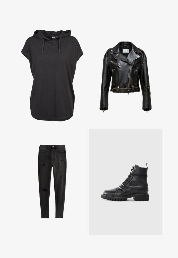 Schwarze Leder-Cropped-Motorradjacke mit kontrastierenden Nähten, Reißverschlusstaschen und tailliertem Schnitt. Merkmale sind breite Revers und silberne Hardware-Akzente.; Schwarzes Kapuzenshirt mit kurzen Ärmeln, aus weichem Stoff gefertigt. Verfügt über verstellbare Kordeln und eine lockere Passform. Einfaches Design, ohne Muster.; Schwarze Skinny-Jeans aus Denim, mit aufgerissenen Akzenten, hohem Bund, fünf Taschen und einem rohen Saum an den Knöcheln.; Schwarze Leder-Ankle-Boots mit runder Zehenpartie, Schnürung, Schnallenakzenten und dickem, robustem Sohlen. Mit silberfarbenen Hardware-Elementen.