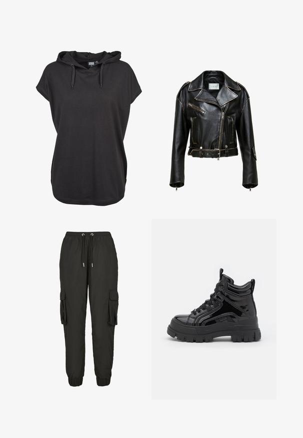 Chaqueta de moto corta de piel negra con costuras en contraste, bolsillos con cremallera y cintura con cinturón. Presenta solapas anchas y acentos de hardware en plata.; Camiseta con capucha negra, de manga corta, hecha de un tejido suave. Presenta cordones ajustables y un corte relajado. Diseño simple, sin patrones.; Pantalones cargo negros hechos de material ligero, con una cintura elástica, cordón ajustable, bolsillos laterales y puños acanalados.; Botas de charol negro de caña alta con suela de goma gruesa, que cuentan con un cierre de cordones en la parte delantera, cuello acolchado y detalles laterales.