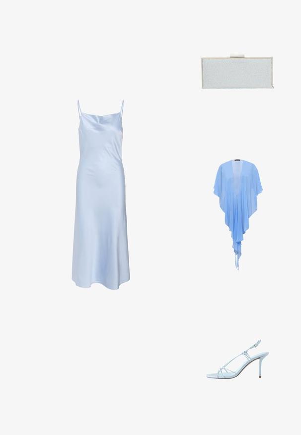 Hellblauer, fließender Chiffon-Schal mit offenem Vorderteil, asymmetrischem Saum und lockeren, drapierten Ärmeln.; Helles blaues Satinkleid mit dünnen Trägern, glatter Textur und leicht ausgestelltem Saum. Einfaches Design ohne sichtbare Muster oder Akzente.; Weiße Riemchensandale mit dünnem Knöchelriemen mit Schnalle und Stilettoabsatz, seitlich auf weißem Hintergrund dargestellt.; Helles blaues Clutch mit einer strukturierten Oberfläche, die klare, erhabene Tropfen aufweist. Silberfarbene Beschläge am oberen Verschluss, rechteckige Form.