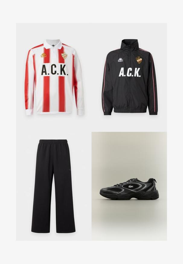 Sort sportsjakke med lynlås med hvidt "A.C.K."-tekst, Kappa-logo på venstre bryst, røde og hvide striber langs ærmerne og et gult mærke på højre bryst.; Langærmet polo shirt, hvid med røde lodrette striber, med sort "A.C.K." skrift og guld "Kappa" logo på venstre bryst.; Sorte bukser med vide ben og elastik i taljen, med et diskret lille logo på øvre venstre lår, vist på en ensfarvet hvid baggrund.; Sort og grå atletisk sneaker med mesh-paneler, snørebåndsdesign, tyk sål og et lille krokodillelogo på siden.
