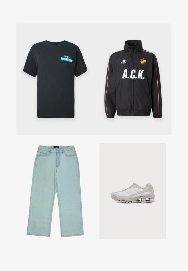 Čierna športová bunda na zips s bielym textom "A.C.K.", logom Kappa na ľavej strane hrudníka, červenými a bielymi pruhmi na rukávoch a žltou nášivkou na pravej strane hrudníka.; Čierne bavlnené tričko s krátkymi rukávmi, na prednej strane s modrým grafickým dizajnom, ktorý znie "IRON MAIDEN" v štýlových písmenách.; Světle modré denimové široké kalhoty s vysokým pasem, vybavené poutek na pásek, předními kapsami a vybledlou strukturou. Zapínání na mosazný knoflík a detaily šití.; Svetlosivá a biela športová obuv s viditeľným pružinovým odpružením v podrážke a sieťovinovým zvrškom.