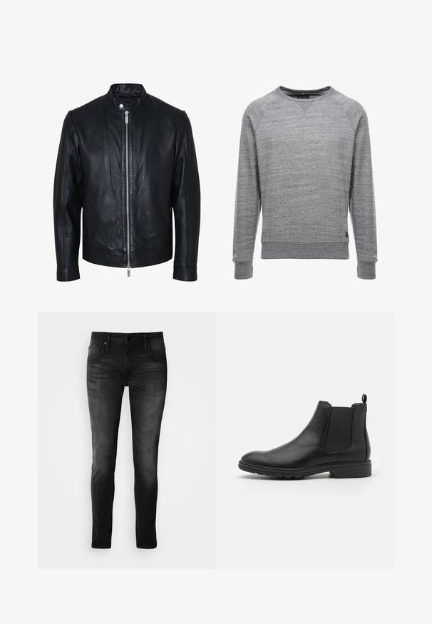 Zwarte leren jas met centrale zilveren ritssluiting en kraag met drukknopen, lange mouwen en een gladde textuur, voorkant weergegeven op een witte achtergrond.; Grijze sweatshirt van zachte stof met een gestructureerde afwerking, met een ronde halslijn, lange mouwen en ribgebreide manchetten en zoom.; Zwarte denim jeans met een slim fit, vijf zakken ontwerp, subtiele vervaging en contrasterende stiksels. Voorzien van een klassieke metalen knoop- en ritssluiting.; Zwarte leren Chelsea-boot met elastische zijpanelen en een trekhaak, met een ronde neus en een gestructureerde rubberen zool.