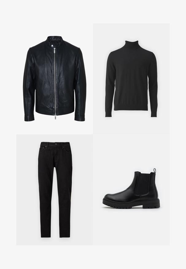 Sort læderjakke med central sølv lynlås og knapkrave, lange ærmer og glat tekstur, vist forfra på hvid baggrund.; Sort turtleneck sweater lavet af blødt stof, med lange ærmer og ribbet krave, en glat tekstur og tætsiddende design.; Sorte slim-fit jeans med frontknap og lynlås lukning, bæltestropper og to forlommer synlige på en hvid baggrund.; Zign by Zalando LEATHER - Støvletter - black