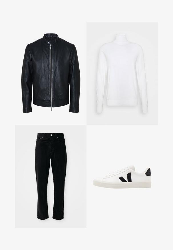 Sort læderjakke med central sølv lynlås og knapkrave, lange ærmer og glat tekstur, vist forfra på hvid baggrund.; Hvid turtleneck sweater med lange ærmer, lavet af glat stof. Har et tætsiddende design og ribbede manchetter og kant. Ingen mønstre eller accenter.; Sorte fløjlsprede bukser med høj talje, lige ben, fem lommer og sølvhardware, der har et struktureret ribbet mønster over det hele.; Hvide lædersneakers med sorte ruskindsdetaljer; har en gummisål, rund tå og klassisk snørebåndsdesign. Side logo i sort.