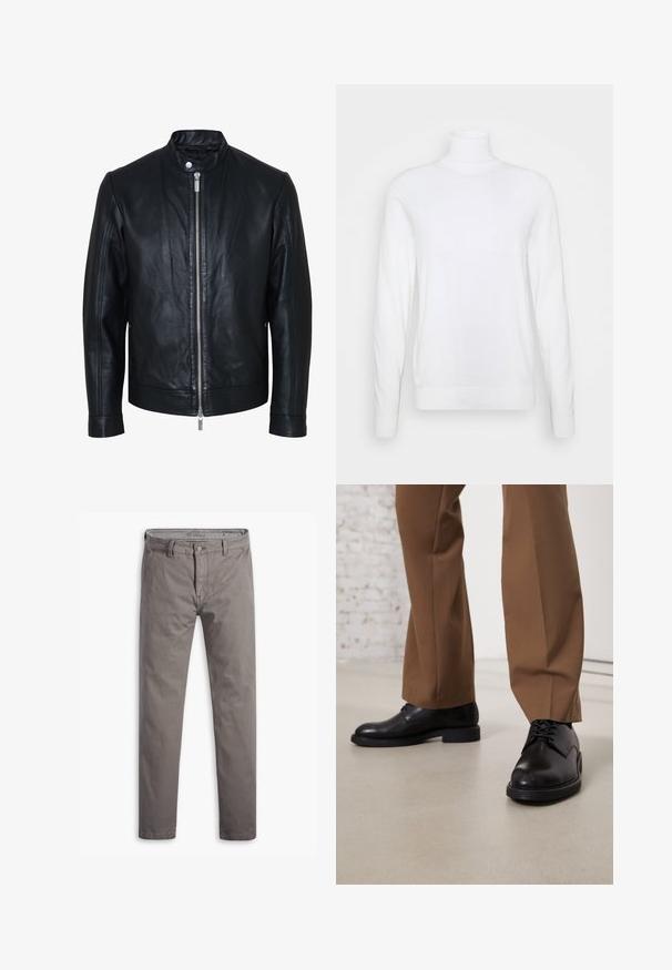 Sort læderjakke med central sølv lynlås og knapkrave, lange ærmer og glat tekstur, vist forfra på hvid baggrund.; Hvid turtleneck sweater med lange ærmer, lavet af glat stof. Har et tætsiddende design og ribbede manchetter og kant. Ingen mønstre eller accenter.; Grå chinos med en glat tekstur, lige ben, standard fem-lomme stil og en metalknap i taljen.; Sorte læder sko med glat overflade og rund tå, der har snørebåndslukning og en lav, flad sål. Sammen med brune bukser.