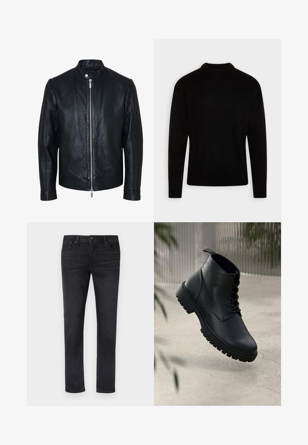 Sort læderjakke med central sølv lynlås og knapkrave, lange ærmer og glat tekstur, vist forfra på hvid baggrund.; Sort strikket sweater med en høj, ribbet halsudskæring. Lange ærmer og ribbede manchetter og kant. Glat tekstur med et enkelt, klassisk design.; Sorte denimjeans med lige ben, fem lommer, en midtalje og subtile slidtageeffekter.; Sorte læder ankelstøvler med rund tå, snørebåndsdesign og robust gummisål. Glat tekstur med en løkke bagpå.