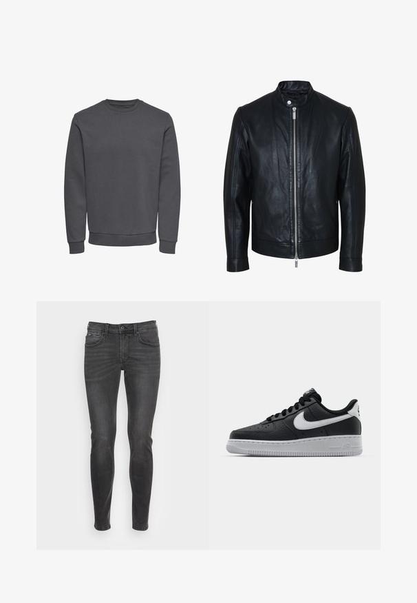 Sort læderjakke med central sølv lynlås og knapkrave, lange ærmer og glat tekstur, vist forfra på hvid baggrund.; Grå sweatshirt lavet af blødt stof med rund halsudskæring, lange ærmer og ribbede manchetter og kant for en tætsiddende pasform. Ingen mønstre eller logoer.; Slim-fit sorte jeans med en glat struktur, der har et klassisk fem-lomme design og en subtil falmning fortil.; Sort lædersneaker med tekstureret overflade, hvid Nike swoosh, grå sål, rund tå og snørebåndsdesign. Har perforeringer på tåboksen.