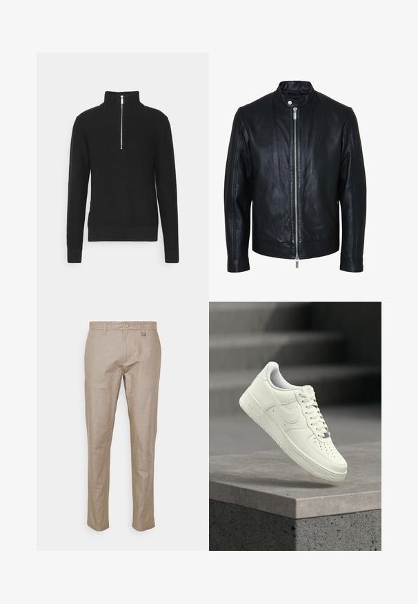 Sort læderjakke med central sølv lynlås og knapkrave, lange ærmer og glat tekstur, vist forfra på hvid baggrund.; Sort strikket pullover med høj krave, lynlås lukning, ribbede mansjetter og søm, med en glat tekstur og en tætsiddende silhuet.; Only & Sons ONSMARK LIFE TAP PANT - Chino - beige; Hvid lædersneaker med lavprofildesign, tekstureret overflade, perforeringer på tåen og sølvfarvede detaljer på snørebånd og mærkning.