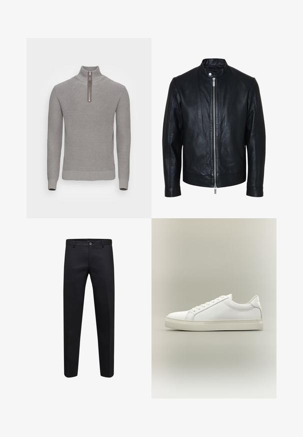 Veste en cuir noire avec fermeture éclair centrale argentée et col à boutons-pression, manches longues et texture lisse, présentée de face sur fond blanc.; Pull en tricot gris avec un col montant et une fermeture éclair mi-hauteur. Il présente un motif texturé ainsi que des bords côtelés aux poignets et à l'ourlet pour un look ajusté.; Pantalon formel noir avec boutonnière et fermeture éclair, coupe droite et passants de ceinture, présenté sur fond blanc.; Baskets blanches basses à lacets sur l’avant et semelle épaisse, vues de côté sur un fond neutre.
