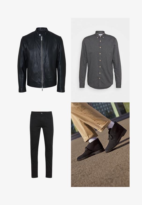 Zwarte leren jas met centrale zilveren ritssluiting en kraag met drukknopen, lange mouwen en een gladde textuur, voorkant weergegeven op een witte achtergrond.; Donkergrijze button-up shirt, gemaakt van textuurstof met lange mouwen, een puntige kraag en houten knopen aan de voorkant.; Zwarte skinny jeans gemaakt van lichtgewicht stof, met een knoopsluiting aan de voorkant, vijf zakken en subtiele stikdetails.; Zwarte suède enkellaarzen met een getextureerde zool, voorzien van een ronde neus en vetersluiting, gecombineerd met opgerolde kaki broeken en witte sokken.