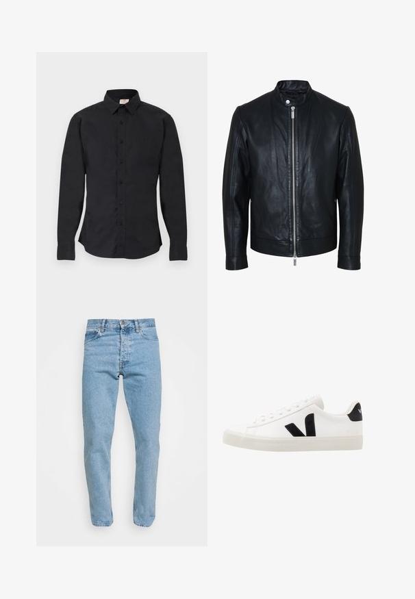 Zwarte leren jas met centrale zilveren ritssluiting en kraag met drukknopen, lange mouwen en een gladde textuur, voorkant weergegeven op een witte achtergrond.; Zwarte blouse met lange mouwen, knoopsluiting, kraag, knoopmanchetten en een klein logo aan de linkerkant van de borst, tentoongesteld op een vlakke ondergrond.; Lichtblauwe denim jeans met een klassieke vijf-pocketontwerp, ritssluiting en licht taps toelopende benen, met subtiele wassing en stiksels.; Witte leren sneaker met zwarte suède accenten; voorzien van een rubberen zool, ronde neus en een klassieke vetersluiting. Zijkant met logo in het zwart.