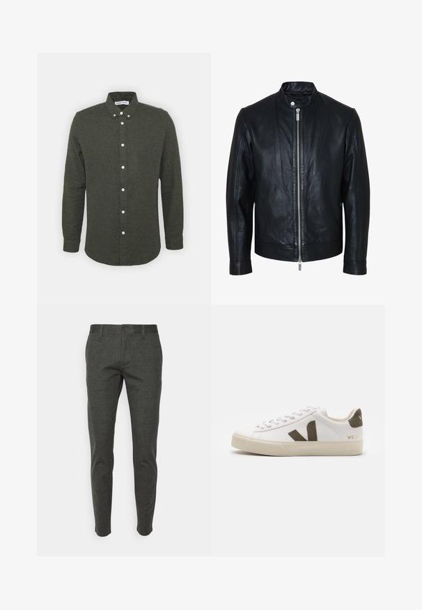 Veste en cuir noire avec fermeture éclair centrale argentée et col à boutons-pression, manches longues et texture lisse, présentée de face sur fond blanc.; Chemise boutonnée vert foncé avec un col, des manches longues et des boutons blancs. Tissu doux et texturé avec un ourlet légèrement arrondi.; Pantalons ajustés gris foncé en tissu texturé, dotés d'une fermeture éclair, d'une patte de boutonnage et de poches latérales. Design slim.; Baskets en cuir blanc avec une semelle en caoutchouc beige clair. Présentent un logo en V en daim marron et une languette de talon. Fermeture à lacets avec une surface texturée.