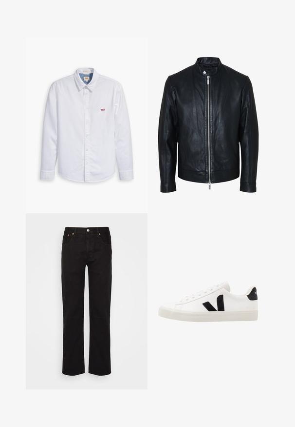 Veste en cuir noire avec fermeture éclair centrale argentée et col à boutons-pression, manches longues et texture lisse, présentée de face sur fond blanc.; Chemise blanche à manches longues et à boutons en coton. Avec un col pointu et un petit logo rouge Levi's sur la poitrine gauche. Texture lisse.; Jean noir à jambe droite en coton. Il possède cinq poches, un bouton en métal et des coutures orange accentuées à l'avant.; Sneaker blanche en cuir avec des accents en daim noir ; dispose d'une semelle en caoutchouc, d'un bout rond et d'un design classique à lacets. Logo latéral en noir.
