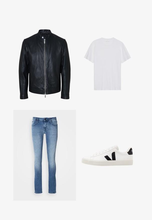 Sort læderjakke med central sølv lynlås og knapkrave, lange ærmer og glat tekstur, vist forfra på hvid baggrund.; Hvid bomulds T-shirt med korte ærmer, rund hals og en glat tekstur. Har minimal branding på halsudskæringen.; Lysblå denim jeans med et klassisk fem-lomme design, lige ben og subtil fading. Fremstillet af blødt, holdbart stof.; Hvide lædersneakers med sorte ruskindsdetaljer; har en gummisål, rund tå og klassisk snørebåndsdesign. Side logo i sort.