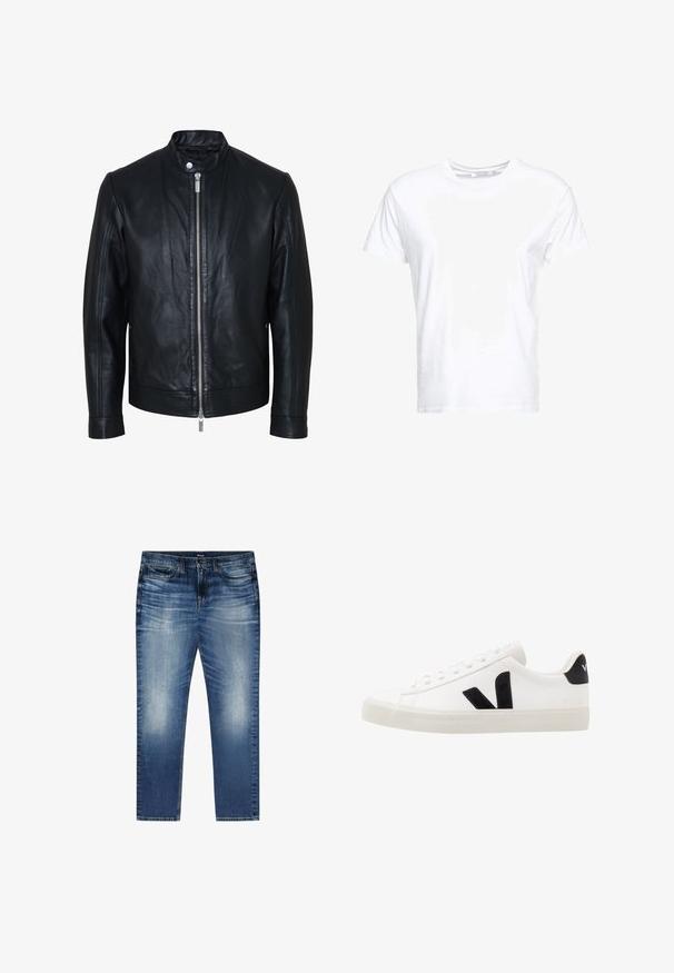 Zwarte leren jas met centrale zilveren ritssluiting en kraag met drukknopen, lange mouwen en een gladde textuur, voorkant weergegeven op een witte achtergrond.; Witte katoenen t-shirt met een ronde hals en korte mouwen, in een klassiek model met een gladde textuur. Geen patronen of hardware zichtbaar.; Blauwe vervaagde denim jeans met voorzakken, riemlussen en een knoopsluiting, plat gelegd op een witte achtergrond.; Witte leren sneaker met zwarte suède accenten; voorzien van een rubberen zool, ronde neus en een klassieke vetersluiting. Zijkant met logo in het zwart.
