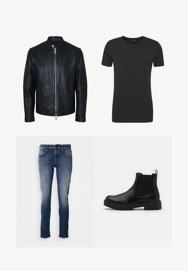 Sort læderjakke med central sølv lynlås og knapkrave, lange ærmer og glat tekstur, vist forfra på hvid baggrund.; Sort bomulds t-shirt med rund halsudskæring, korte ærmer og regular fit. Har en glat overflade og minimalistisk design.; Antony Morato KURT COMFORT - Jeans Tapered Fit - blue denim; Zign LEATHER - Støvletter - black