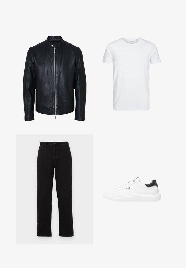 Schwarze Lederjacke mit zentralem silbernem Reißverschluss und Druckknopfkragen, langen Ärmeln und glatter Textur, vorne auf weißem Hintergrund dargestellt.; Rundhals-T-Shirt mit kurzen Ärmeln in reinem Weiß, aus weicher Baumwolle, mit einem schlichten Design ohne sichtbare Muster oder Akzente.; Schwarze Jeans aus Denim mit geradem Bein, ausgestattet mit einem Knopfverschluss, Gürtelschlaufen und klassischem Fünf-Taschen-Stil.; Weiße niedrige Sneakers aus Leder mit glänzender Oberfläche, versehen mit schwarzen Akzenten an der Ferse, runden Schnürsenkeln und dezentem Seitennähten.