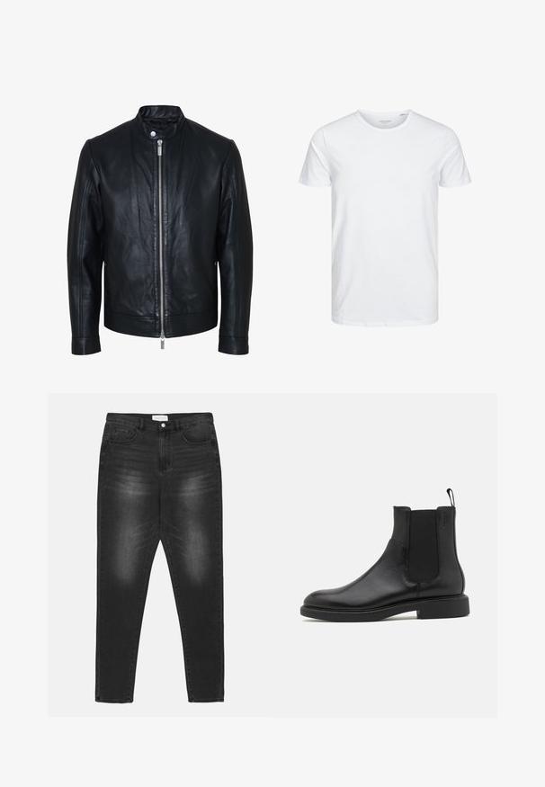 Zwarte leren jas met centrale zilveren ritssluiting en kraag met drukknopen, lange mouwen en een gladde textuur, voorkant weergegeven op een witte achtergrond.; Ronde hals kortemouwen t-shirt in effen wit, gemaakt van zachte katoen, heeft een eenvoudig ontwerp zonder zichtbare patronen of accenten.; Zwarte spijkerbroek van denim met een vervaagde wassing, hoge taille, vijf-pocket ontwerp en zilveren hardware. Rechte pijpen met contrasterende stiksels.; Zwarte leren enkelboot met een gladde textuur, elastische zijpanelen en een trekhaak. Ronde neus en platte rubberen zool met minimale profiel.