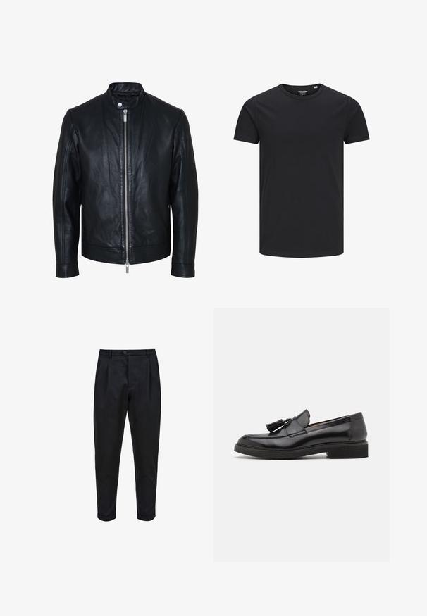 Sort læderjakke med central sølv lynlås og knapkrave, lange ærmer og glat tekstur, vist forfra på hvid baggrund.; Sort bomulds T-shirt med rund hals, korte ærmer og et enkelt design. Glat tekstur, ingen mønstre eller synligt tilbehør.; Sorte bukser lavet af et glat stof, med plisseret for, tætsiddende pasform og optrukne mansjetter. Enkel knaplukning i taljen.; Sorte læder loafers med frynse detalje, afrundet tå og en tekstureret sål. Har en glat finish og minimalistisk design.
