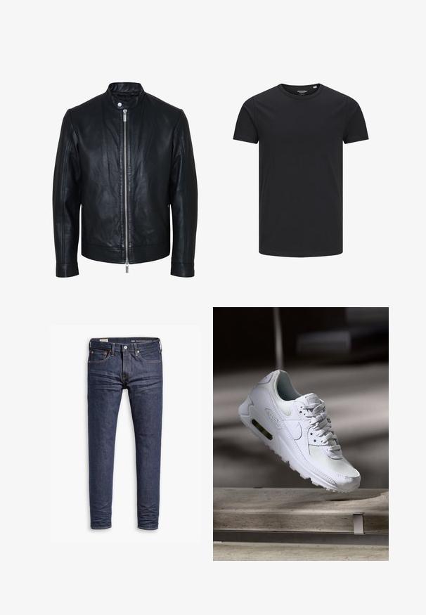 Sort læderjakke med central sølv lynlås og knapkrave, lange ærmer og glat tekstur, vist forfra på hvid baggrund.; Sort bomulds T-shirt med rund hals, korte ærmer og et enkelt design. Glat tekstur, ingen mønstre eller synligt tilbehør.; Mørkeblå slim-fit Levi's Performance jeans med fem lommer og synlig syning på hvid baggrund.; Hvide Nike Air Max 90 sneakers med en overdel i mesh og læder, perforeret tåboks og en synlig luftenhed i hælen.