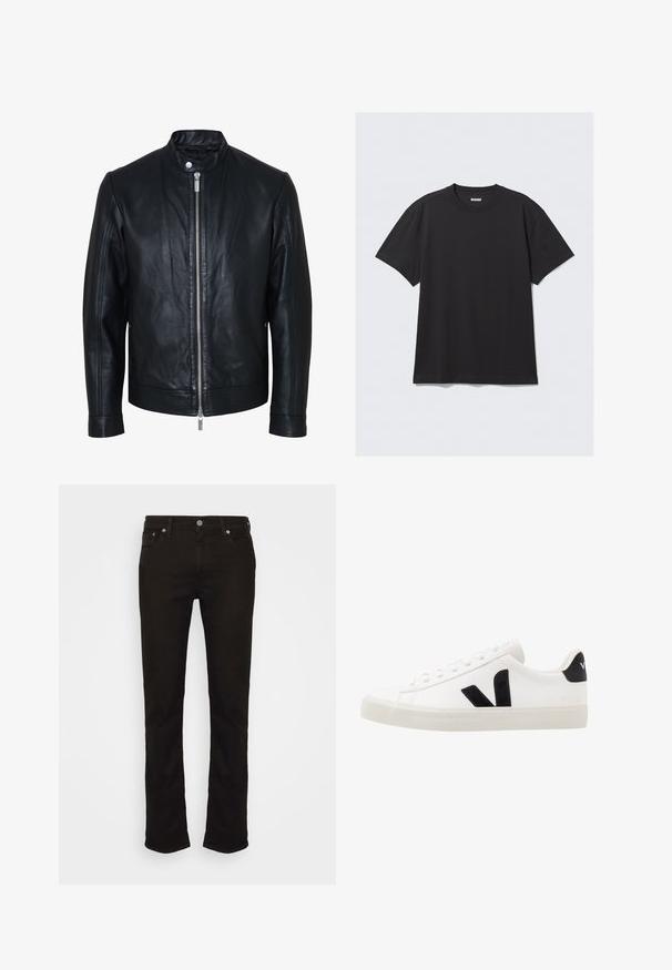 Veste en cuir noire avec fermeture éclair centrale argentée et col à boutons-pression, manches longues et texture lisse, présentée de face sur fond blanc.; T-shirt noir à manches courtes en coton. Il présente un col rond et une coupe décontractée. Design simple sans motifs ni accents visibles.; Jean en denim noir avec une coupe droite, présentant un design classique à cinq poches, une fermeture à bouton en métal et des détails de couture subtils.; Sneaker blanche en cuir avec des accents en daim noir ; dispose d'une semelle en caoutchouc, d'un bout rond et d'un design classique à lacets. Logo latéral en noir.