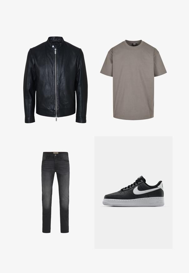 Sort læderjakke med central sølv lynlås og knapkrave, lange ærmer og glat tekstur, vist forfra på hvid baggrund.; Grå bomuld t-shirt med rund hals, korte ærmer og en afslappet pasform. Glat tekstur uden synlige mønstre eller accenter.; Mørk denimjeans med slim fit, der har en knaplukning, fem lommer og en let falmende effekt på lårene.; Sort lædersneaker med tekstureret overflade, hvid Nike swoosh, grå sål, rund tå og snørebåndsdesign. Har perforeringer på tåboksen.