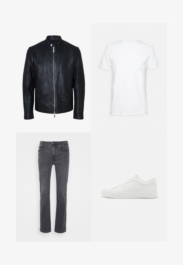 Veste en cuir noire avec fermeture éclair centrale argentée et col à boutons-pression, manches longues et texture lisse, présentée de face sur fond blanc.; T-shirt blanc à manches courtes dans un design classique, doté d'une poche poitrine. Fabriqué en tissu doux et texturé. Style simple et polyvalent.; Jean en denim gris avec une coupe droite, présentant des poches avant et une fermeture à bouton classique. Texture lisse avec un léger dégradé.; Baskets basses blanches en cuir lisse, avec un bout arrondi, des semelles plates et un logo discret sur le côté.