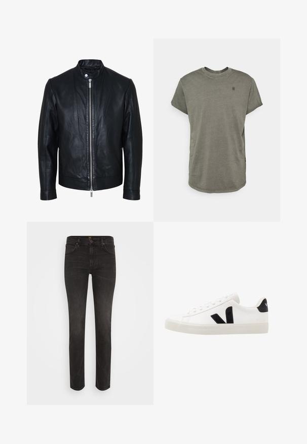 Sort læderjakke med central sølv lynlås og knapkrave, lange ærmer og glat tekstur, vist forfra på hvid baggrund.; G-STAR LASH - T-shirts basic - GREY; Slim-fit sorte denim jeans med fem lommer, bæltestropper, knaplukning og subtil forvitring på lår og knæ.; Hvide lædersneakers med sorte ruskindsdetaljer; har en gummisål, rund tå og klassisk snørebåndsdesign. Side logo i sort.